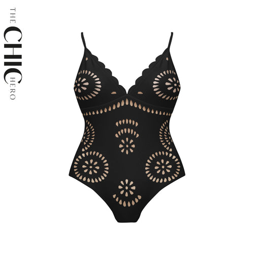 Black Scalloped Hollow Sexy One-Piece Swimsuit&Skirt