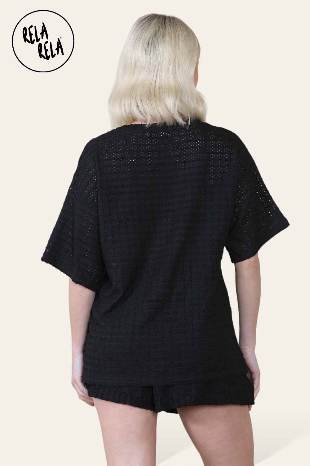 Oversized Crochet T-Shirt & Shorts Co-Ord Set in Black
