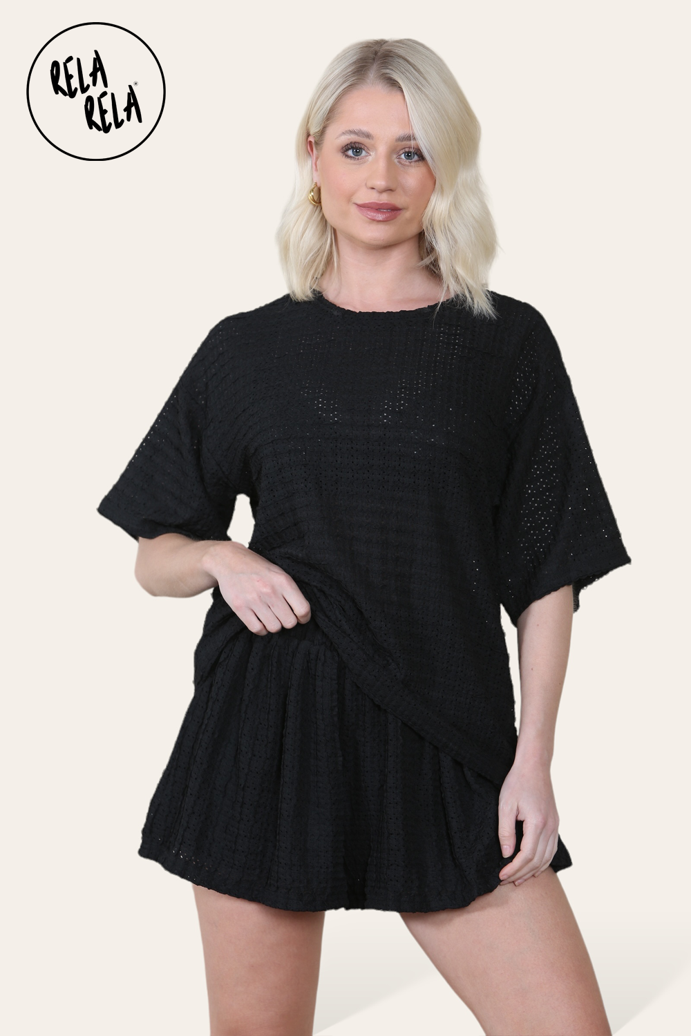 Oversized Crochet T-Shirt & Shorts Co-Ord Set in Black