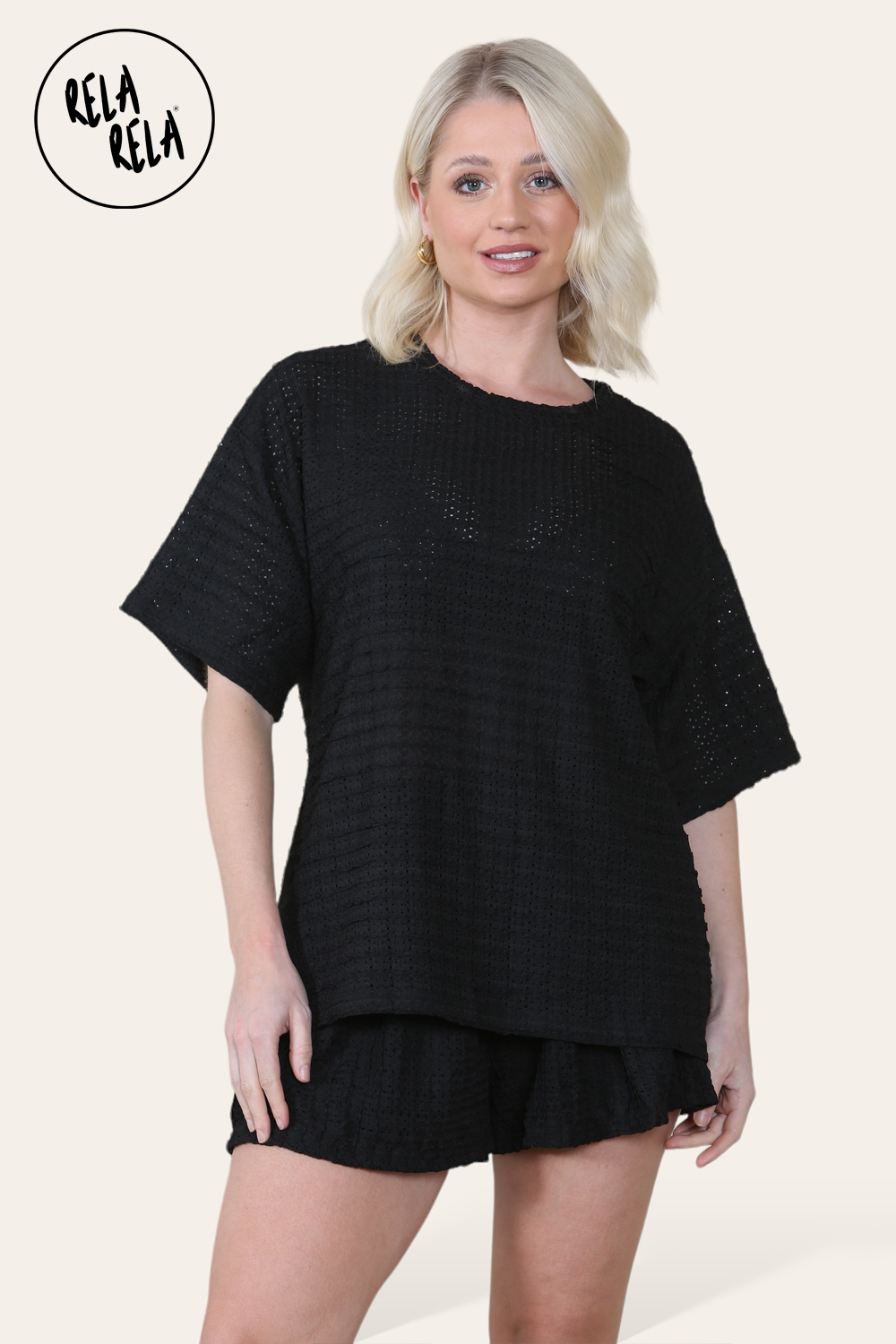 Oversized Crochet T-Shirt & Shorts Co-Ord Set in Black