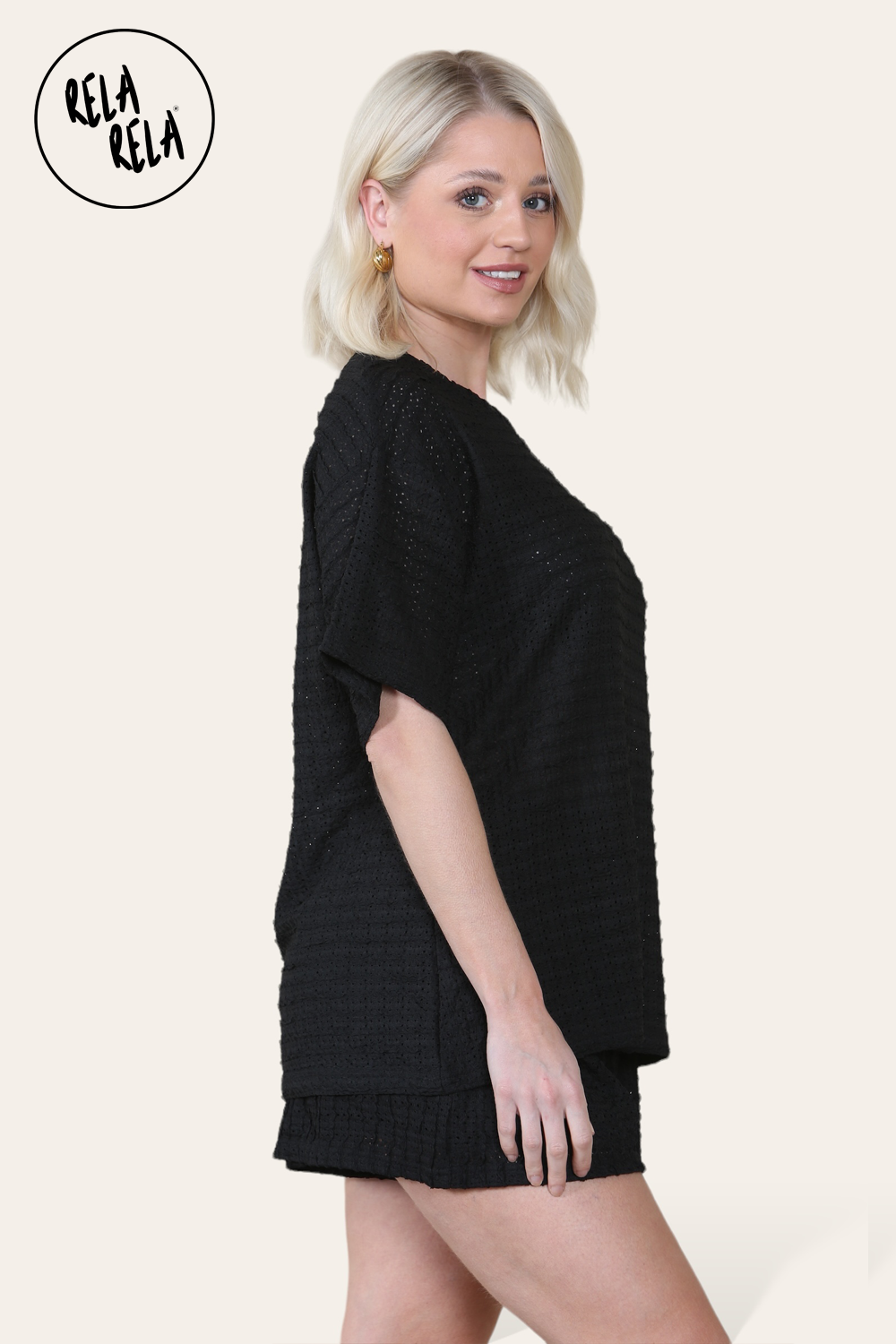 Oversized Crochet T-Shirt & Shorts Co-Ord Set in Black