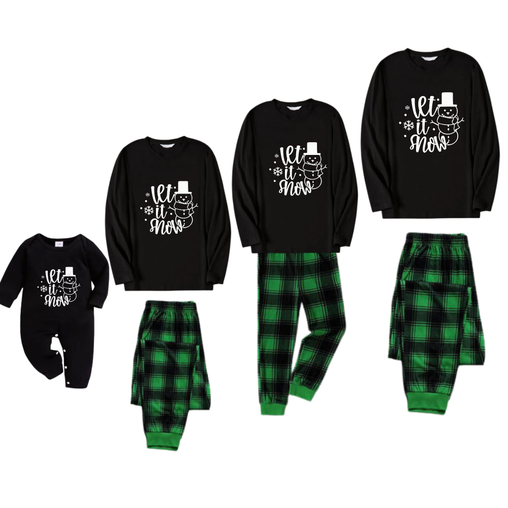 Christmas Family Matching Pajamas-Black Top and Green Plaid Pants Pjs Set with Snowman and Christmas Slogan Print