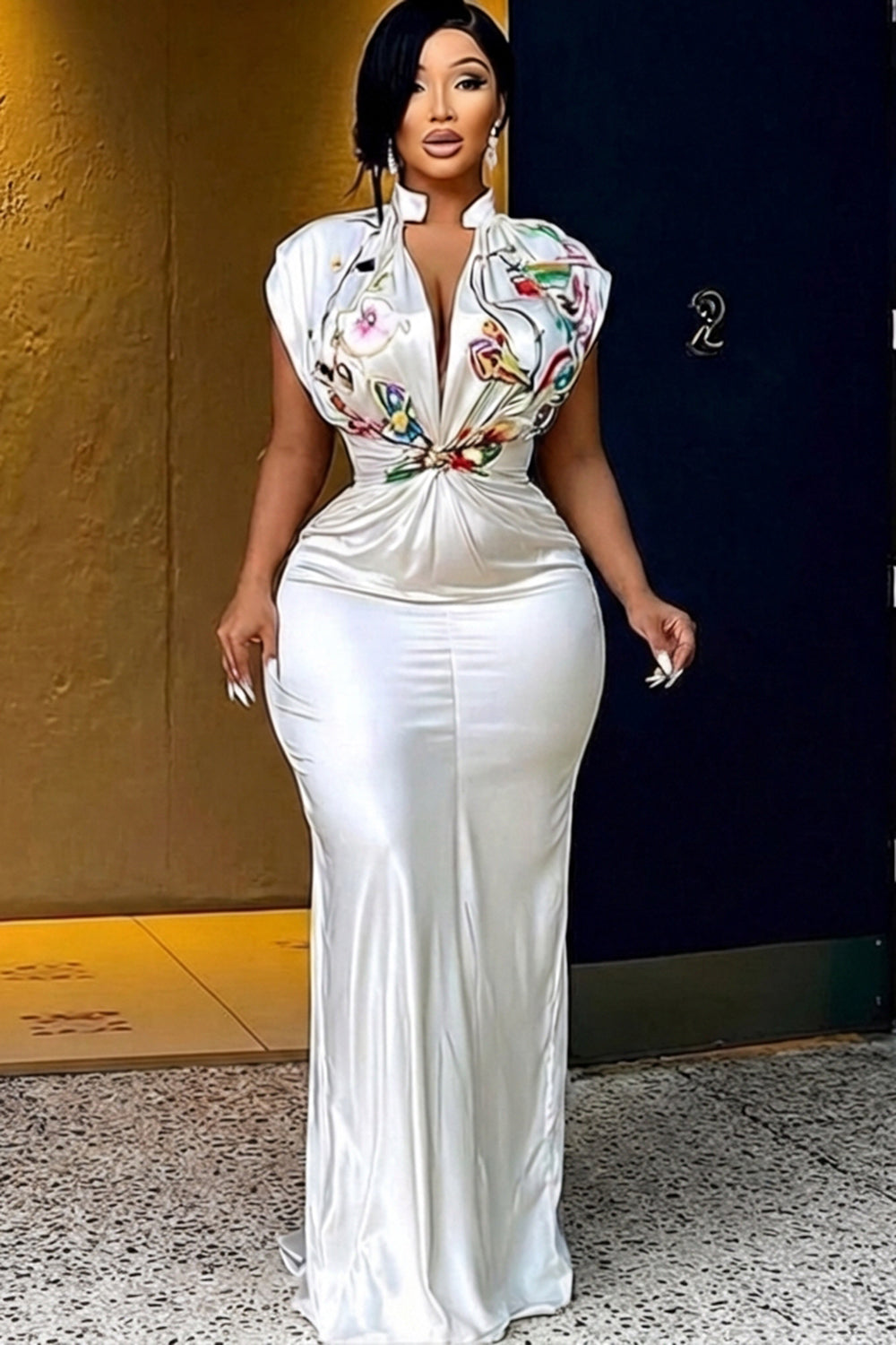 Deep V Neck Floral Print Ruched Cinch Waist Maxi Dresses-White