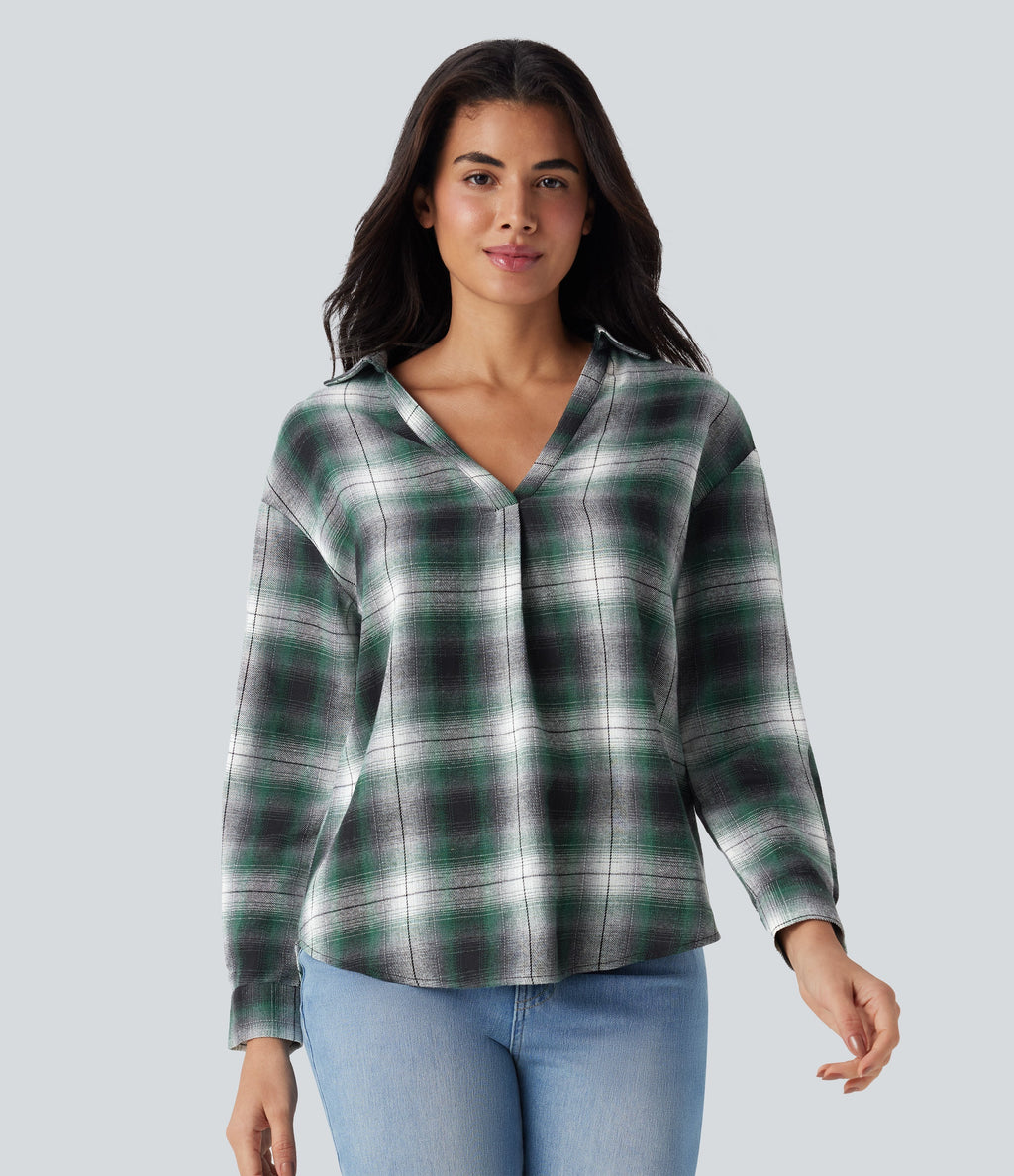 V Neck Curved Hem Plaid Casual Blouse