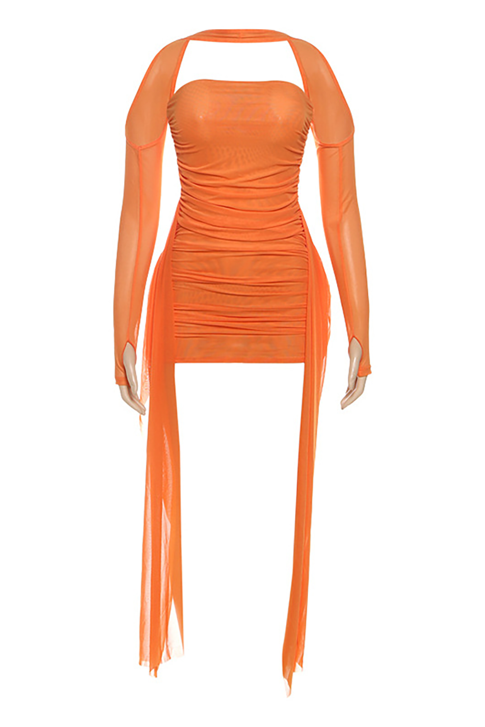 Halter Long Sleeve Solid Color Strapless Ruched Sash Mini Dresses Set-Yellow