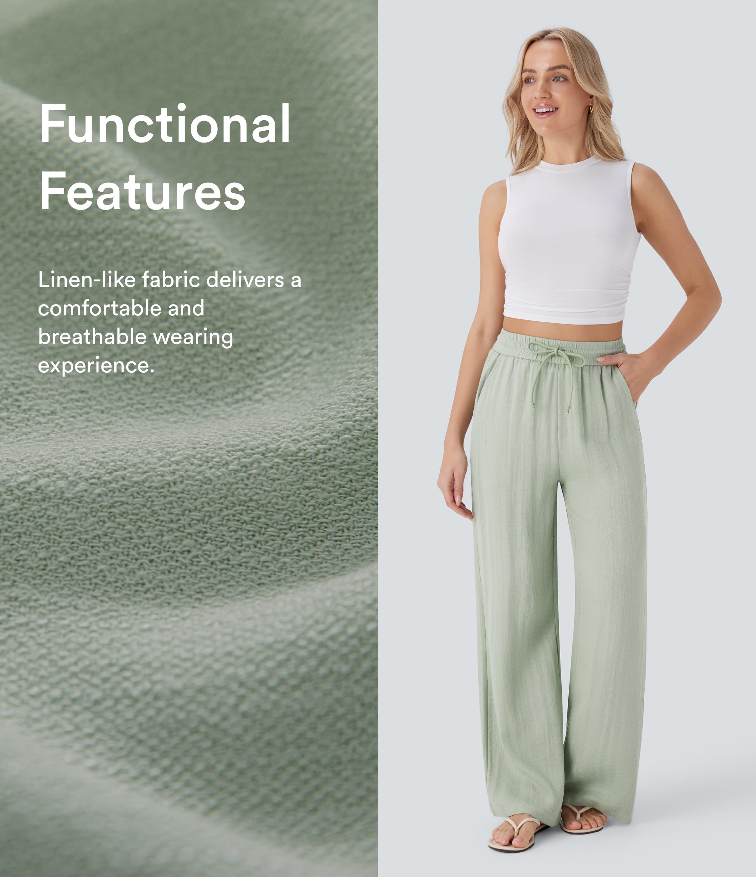 Women Summer High Waisted Drawstring Pocket Wide Leg Casual Linen-Feel Pants