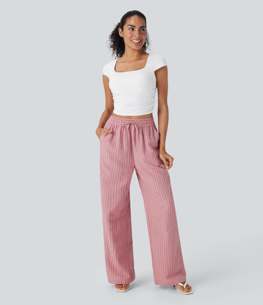 High Waisted Drawstring Wide Leg Stripe Casual Linen-Feel Pants with Pockets