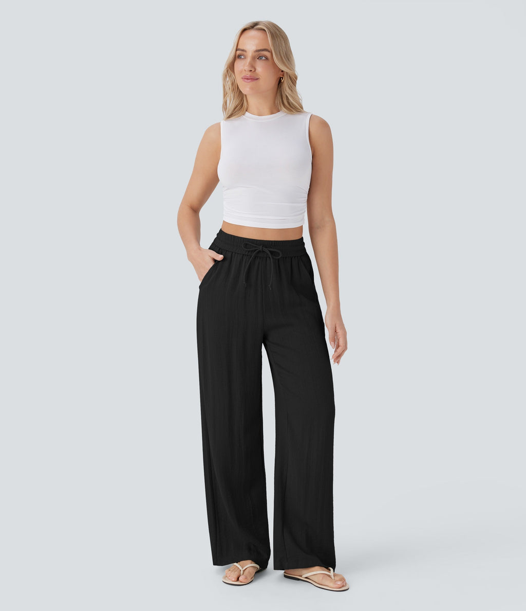 Women Summer High Waisted Drawstring Pocket Wide Leg Casual Linen-Feel Pants