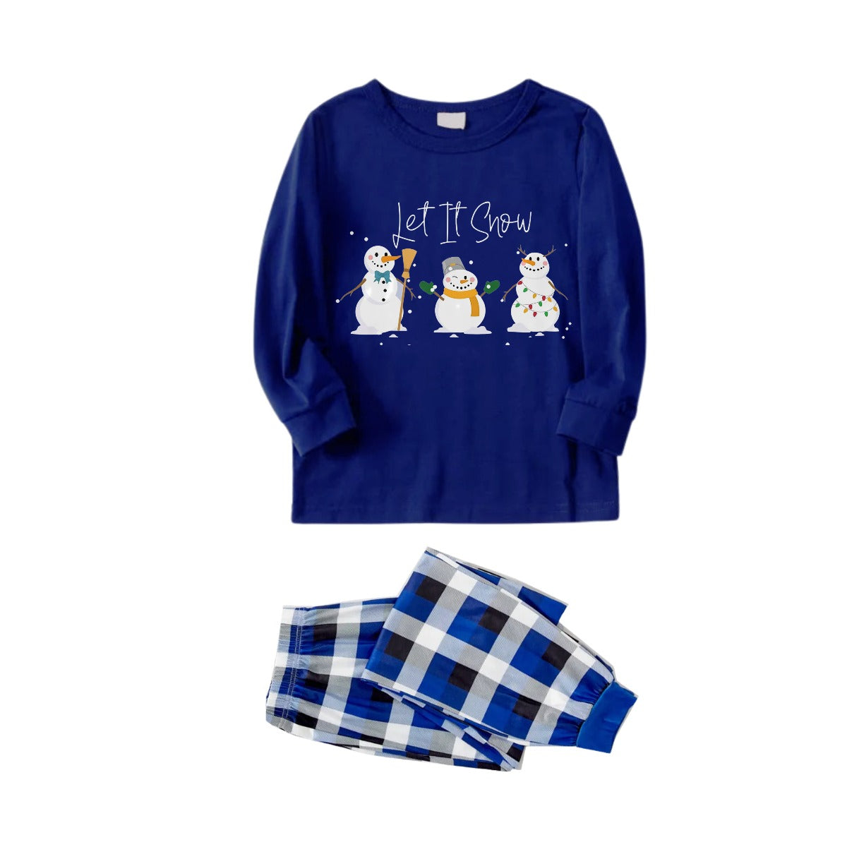 Christmas Family Matching Pajamas-Navy & White Plaid Pjs Set with "Let It Snow" and Snowman Pattern Print