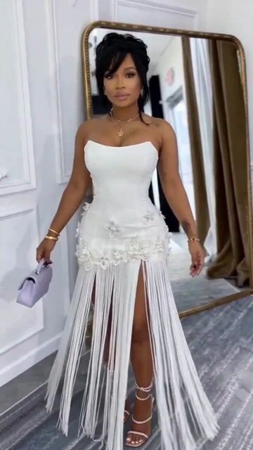 Strapless 3D Flower Fringe Patchwork Gowns Maxi Dresses-White