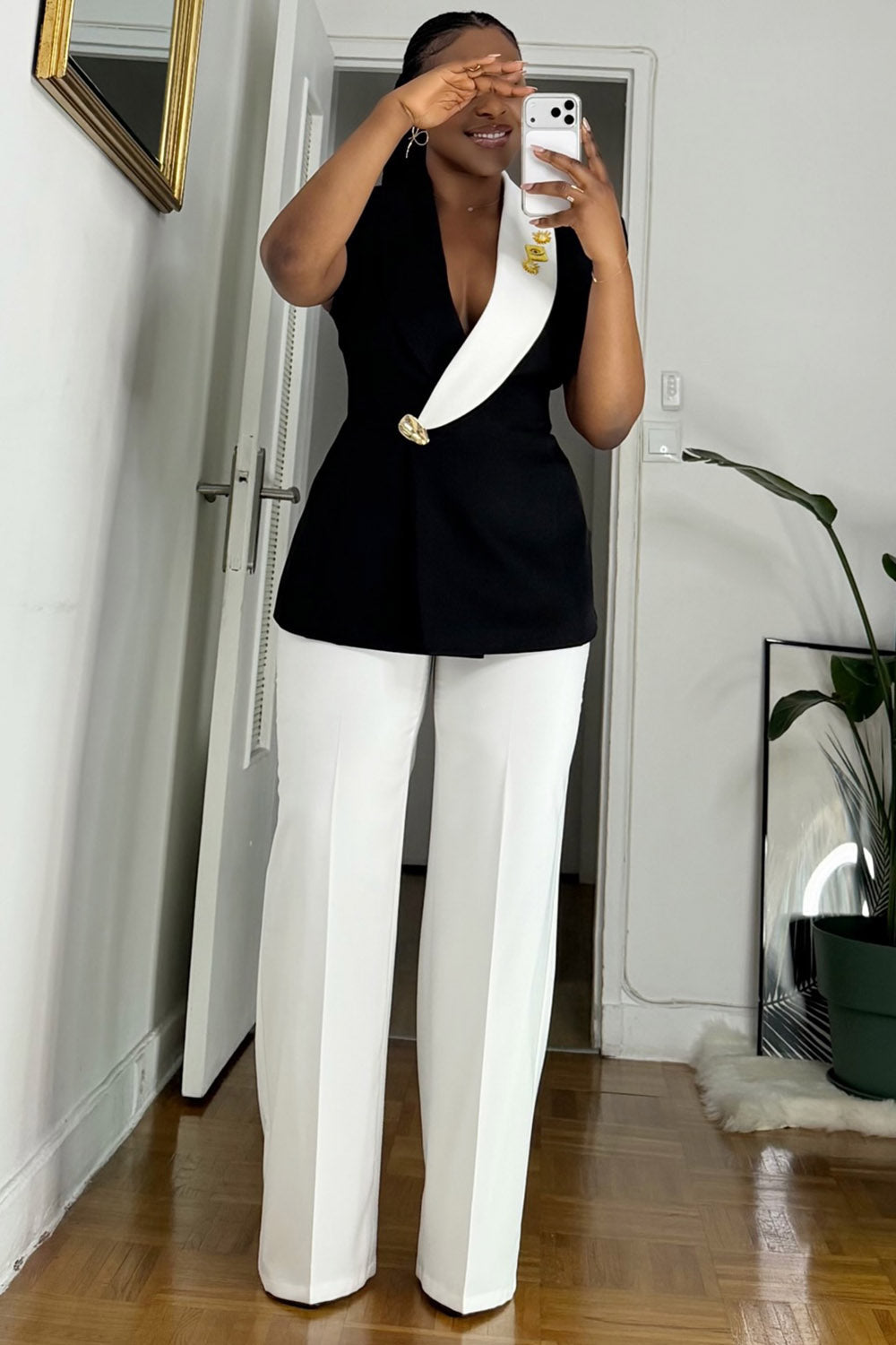 Deep V Neck Sleeveless Top Wide Leg Pants Casual 2pcs Set-White