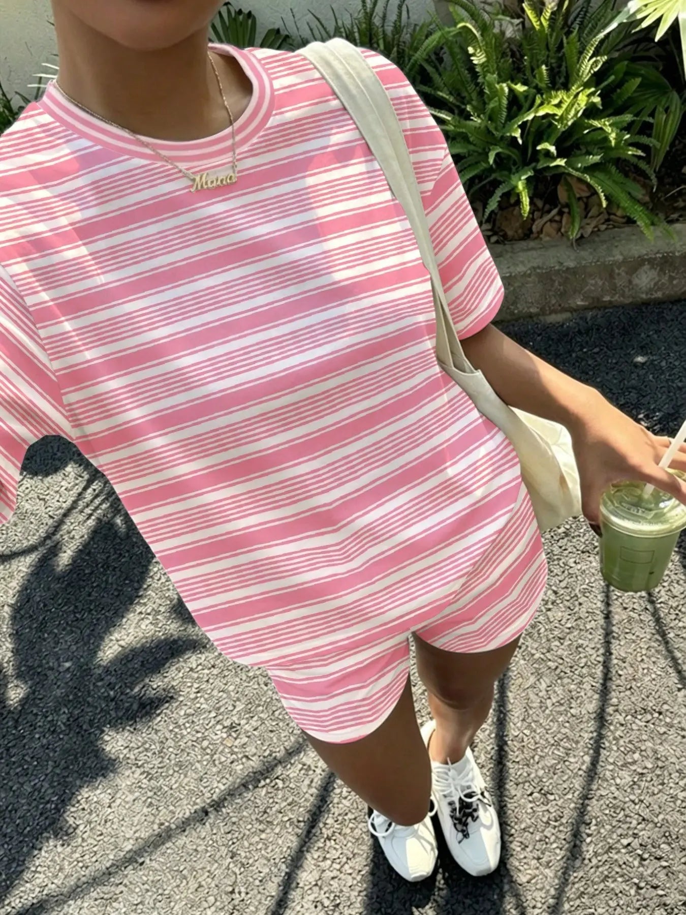Women's Casual Loose Fit Set, Striped Print Suit, Summer Vacation American Retro Street Style, Perfect for All-Day Home Wear