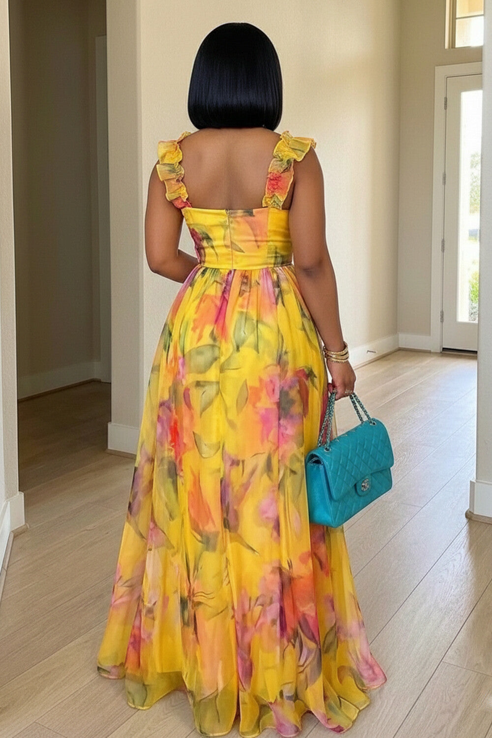 Ruffle Wide Straps Cinch Waist Floral Print Maxi Dresses-Yellow