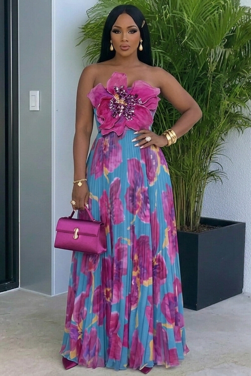 Strapless 3D Flower Colorblock A-Line Vacation Maxi Dresses-Blue