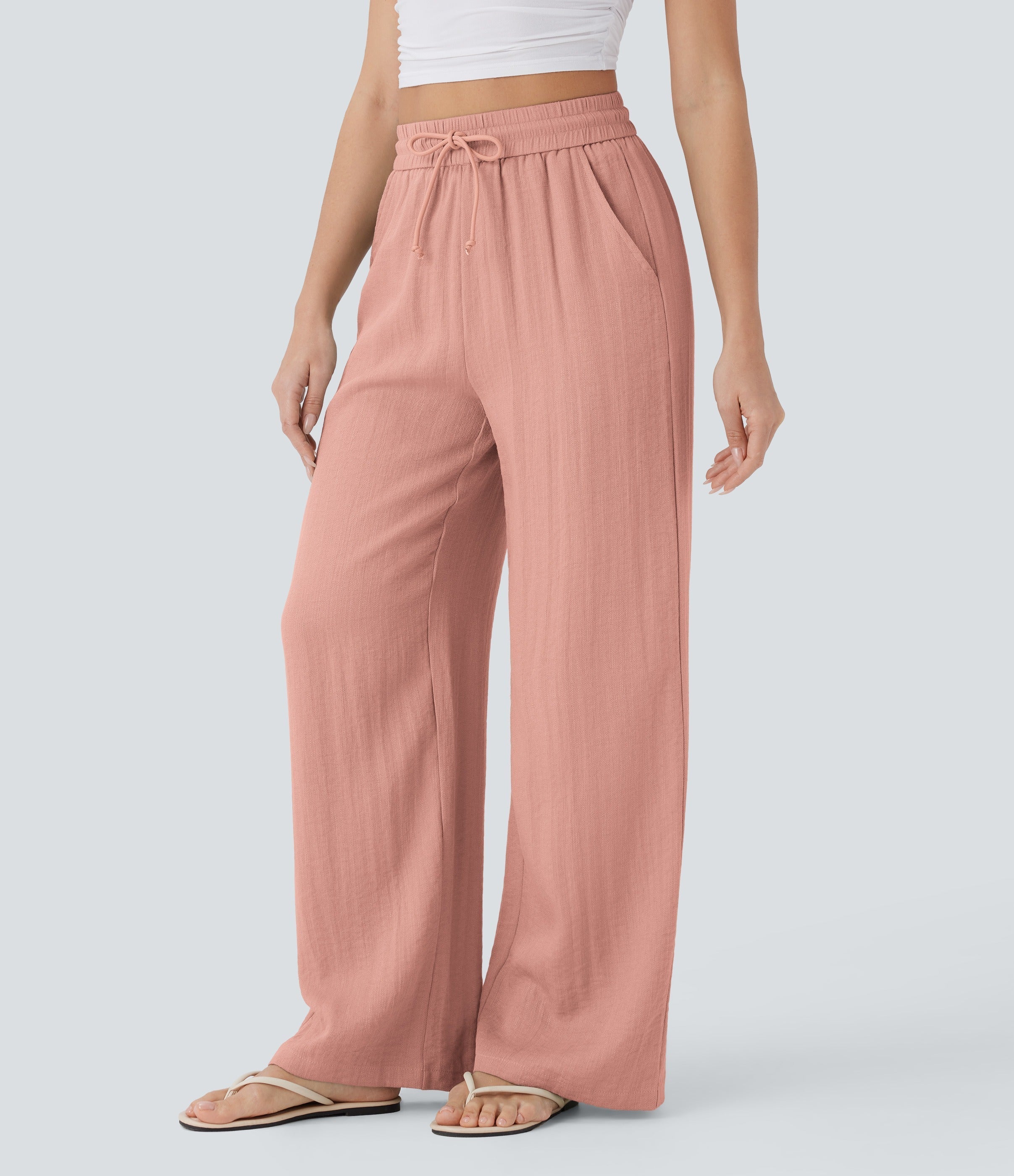 2026🔥 High Waisted Drawstring Pocket Wide Leg Casual Linen-Feel Pants