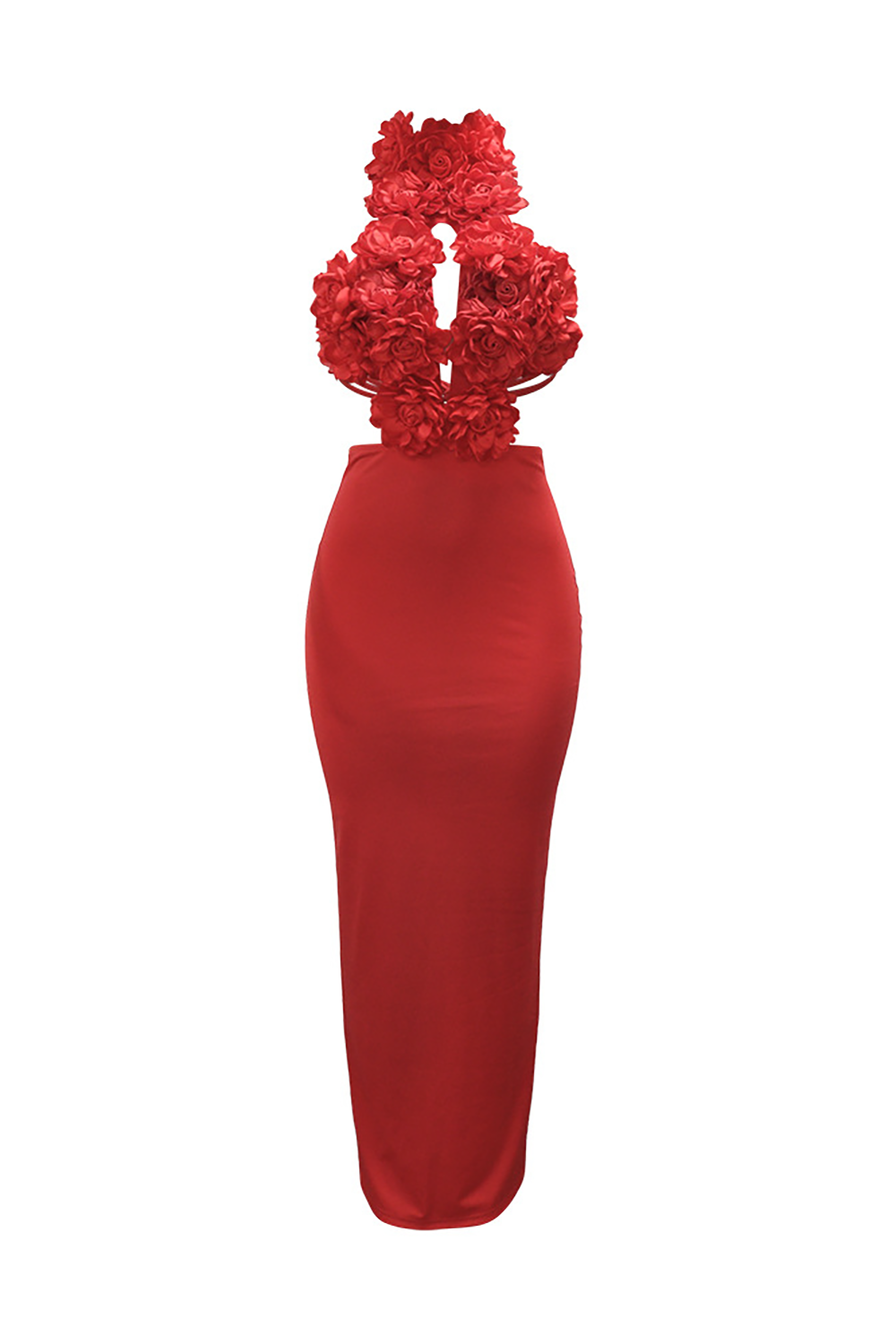 3D Flower Decor High Collar Open Back Bodycon Party Maxi Dresses-Red