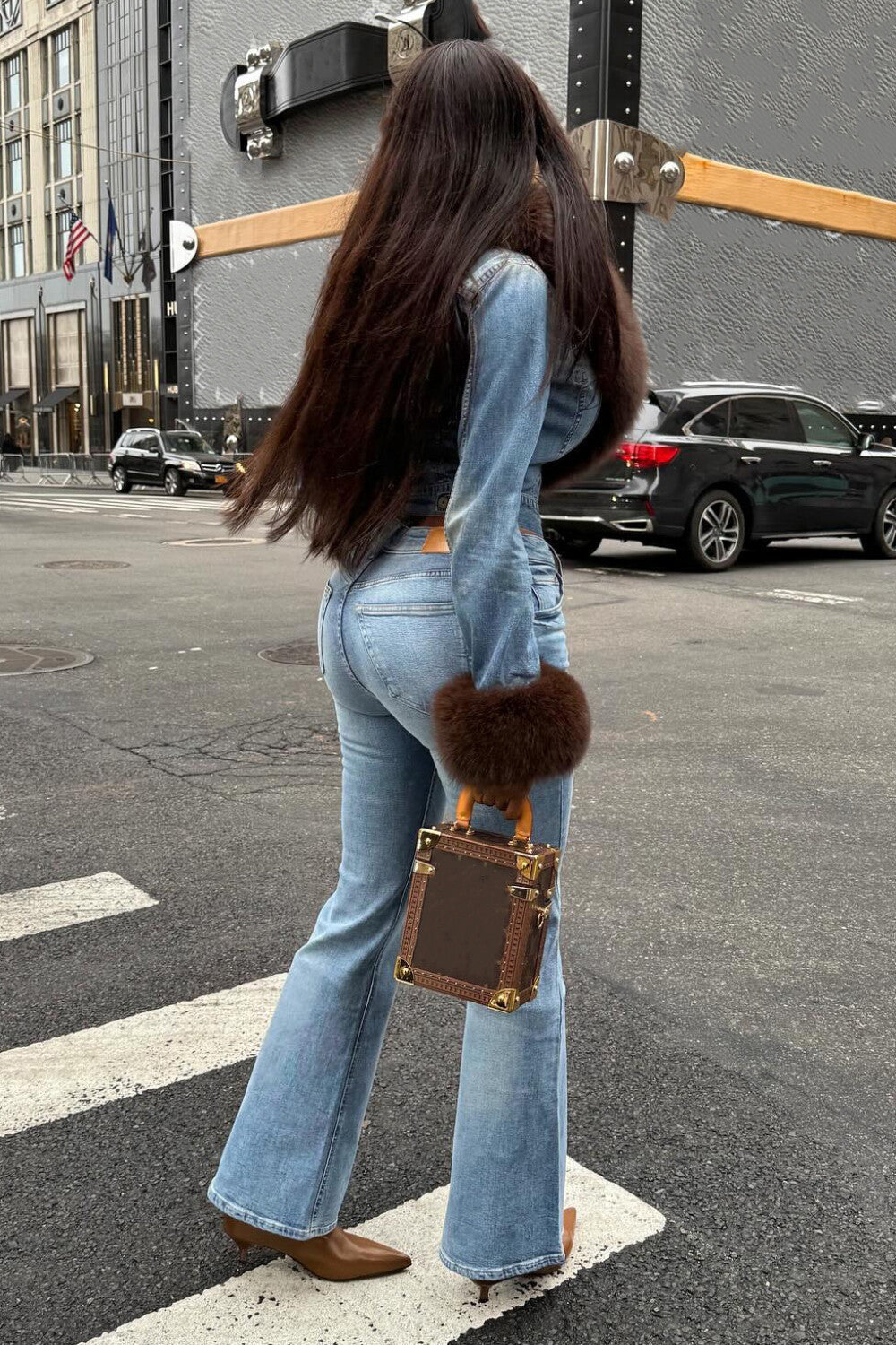 Faux Fur Patchwork Jacket Jeans Casual Denim Matching Set-Blue