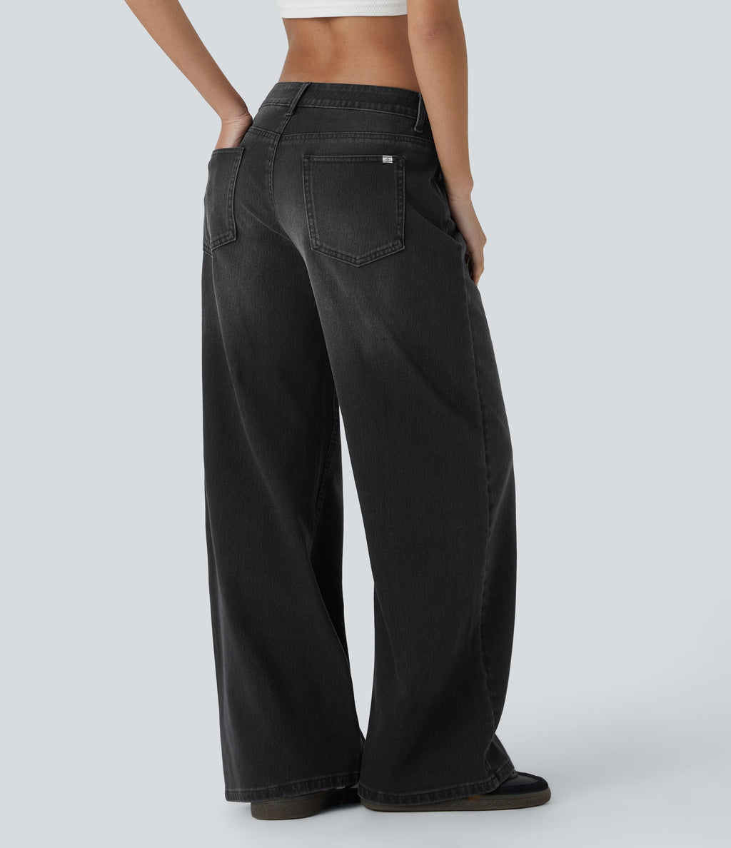 FlexTM Asymmetric Low Rise Zipper Pockets Baggy Wide Leg Washed Casual Jeans