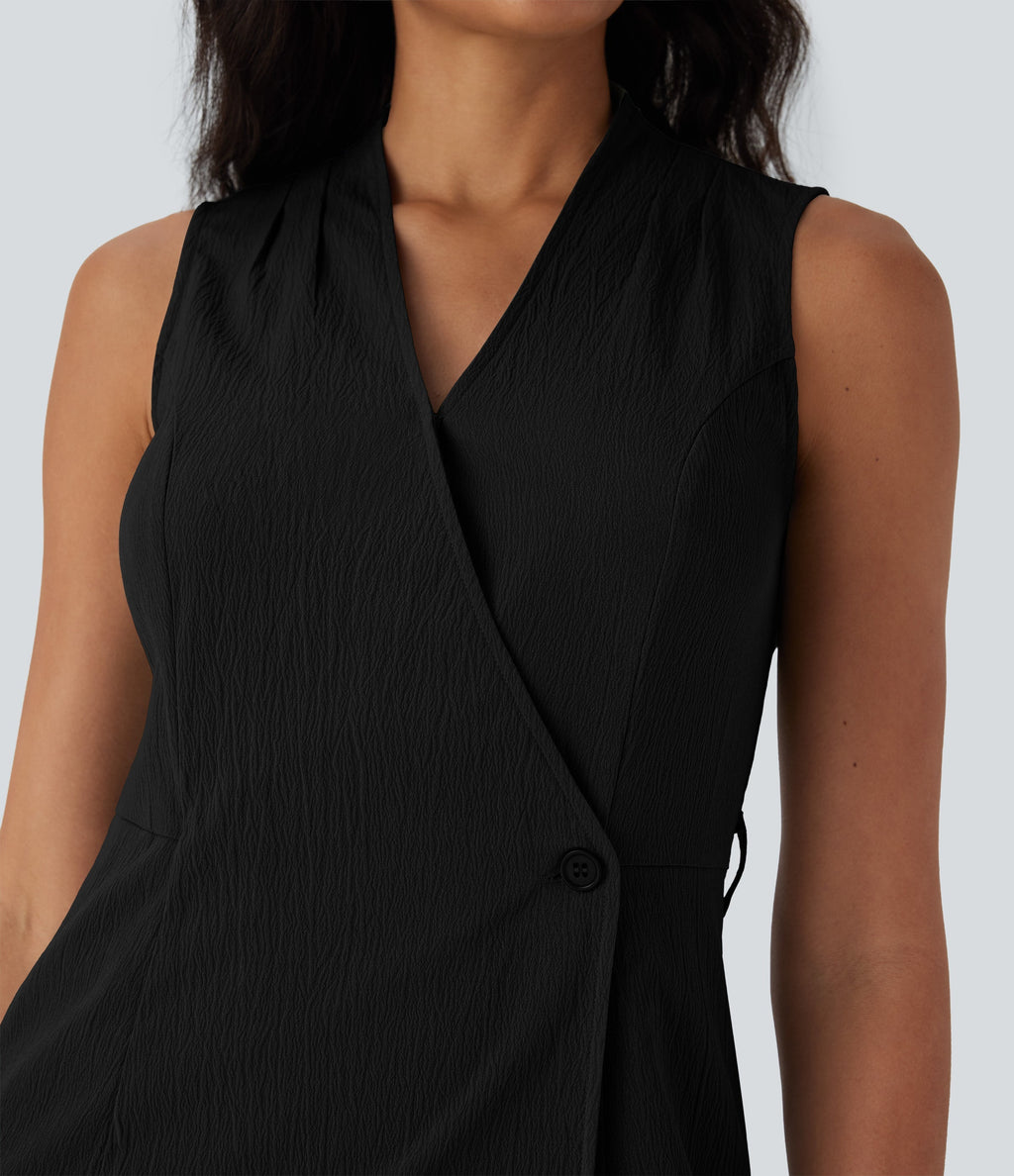 Anti-wrinkle V Neck Sleeveless Wrapped Belted Midi Travel Dress with Pockets