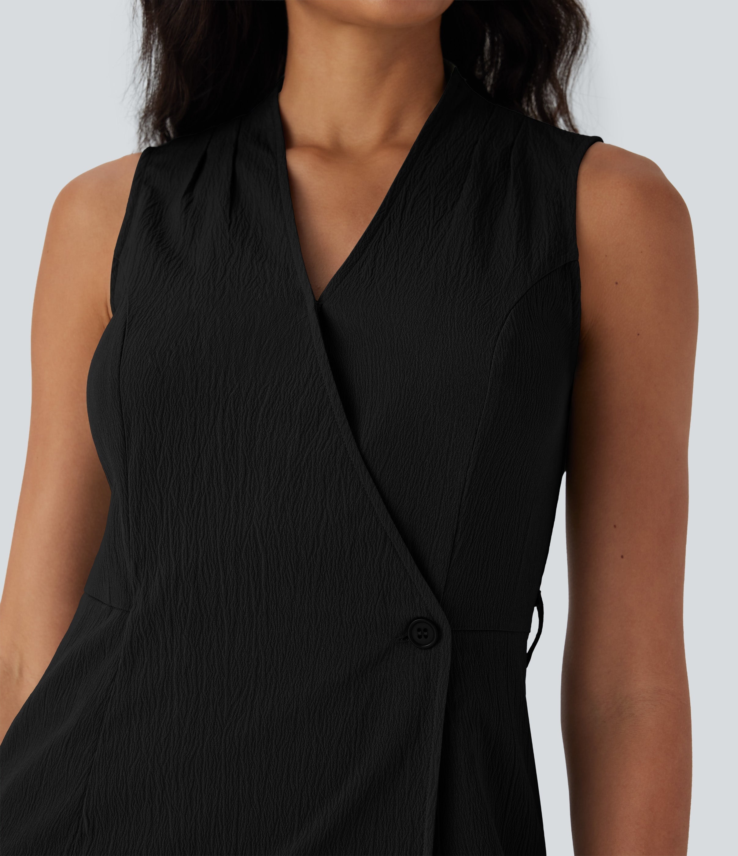 Anti-wrinkle V Neck Sleeveless Wrapped Belted Midi Travel Dress with Pockets