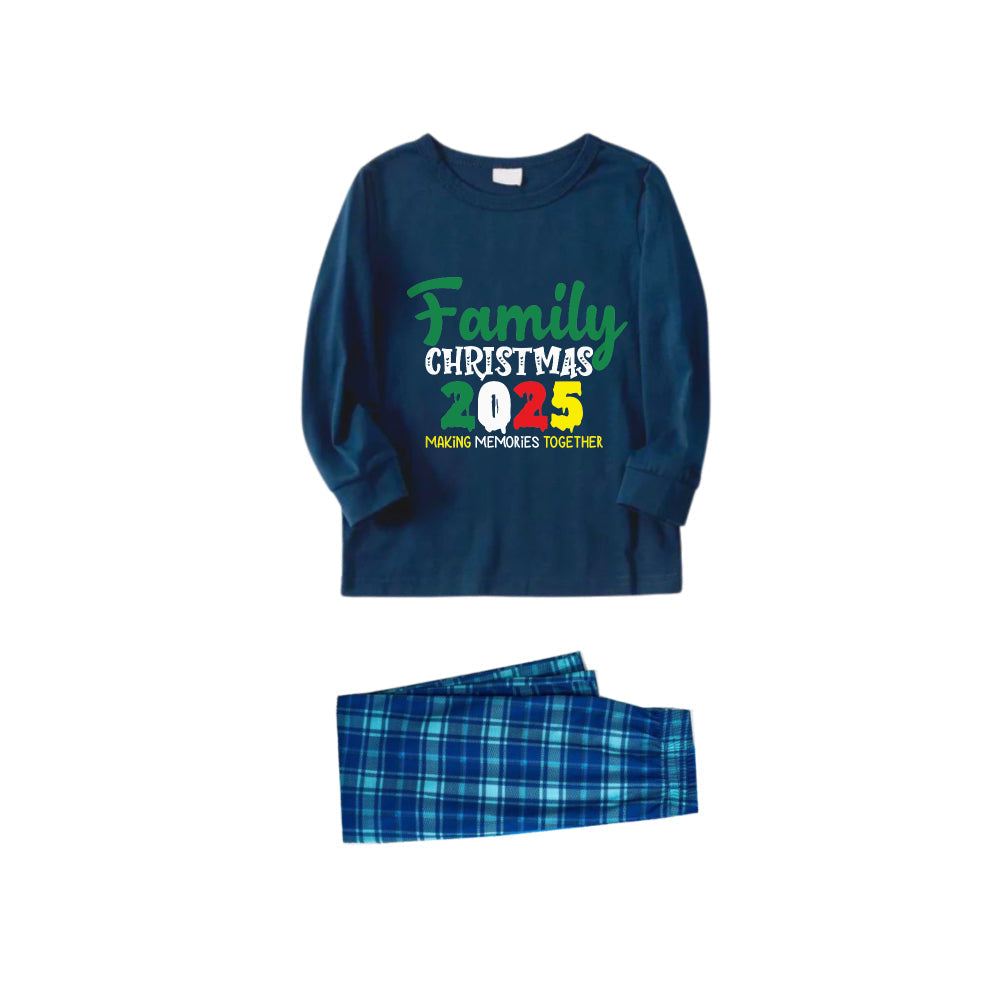 Christmas Family Matching Pajamas-Navy & Sky Blue Plaid Pjs Set with "Family Christmas 2025" Colorful Slogan Print