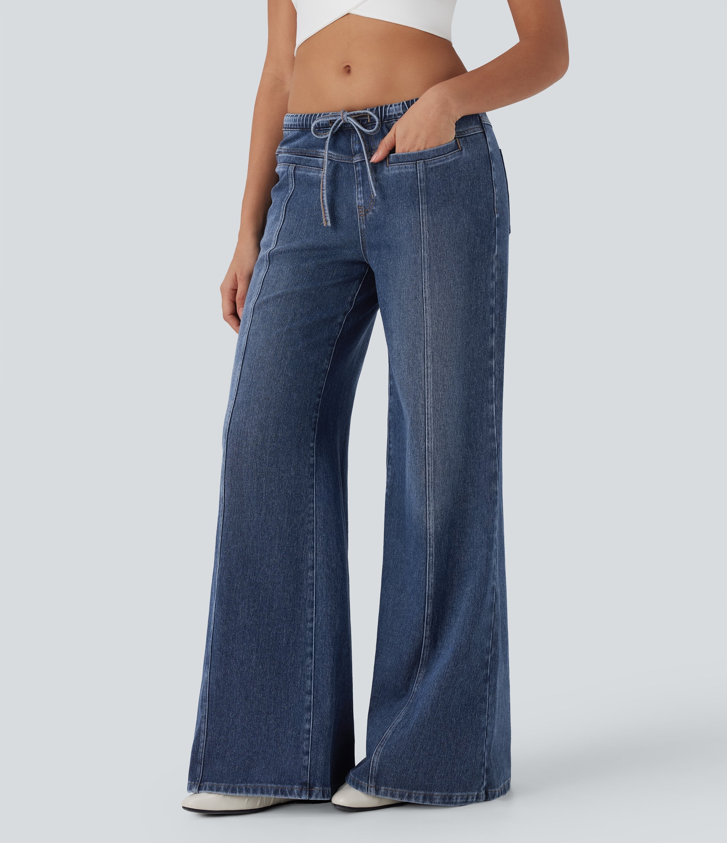 FlexTM Low Rise Drawstring Washed Casual Baggy Jeans with Pockets