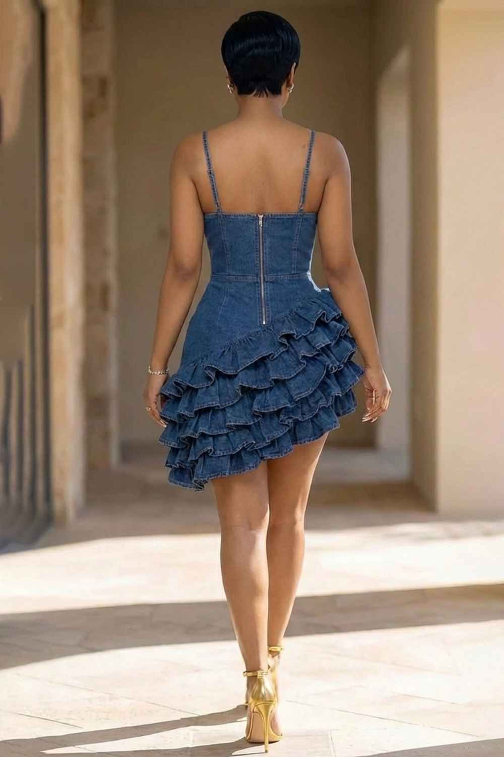 Denim Spaghetti Strap 3D Ruched Hem Party Mini Dresses-Blue