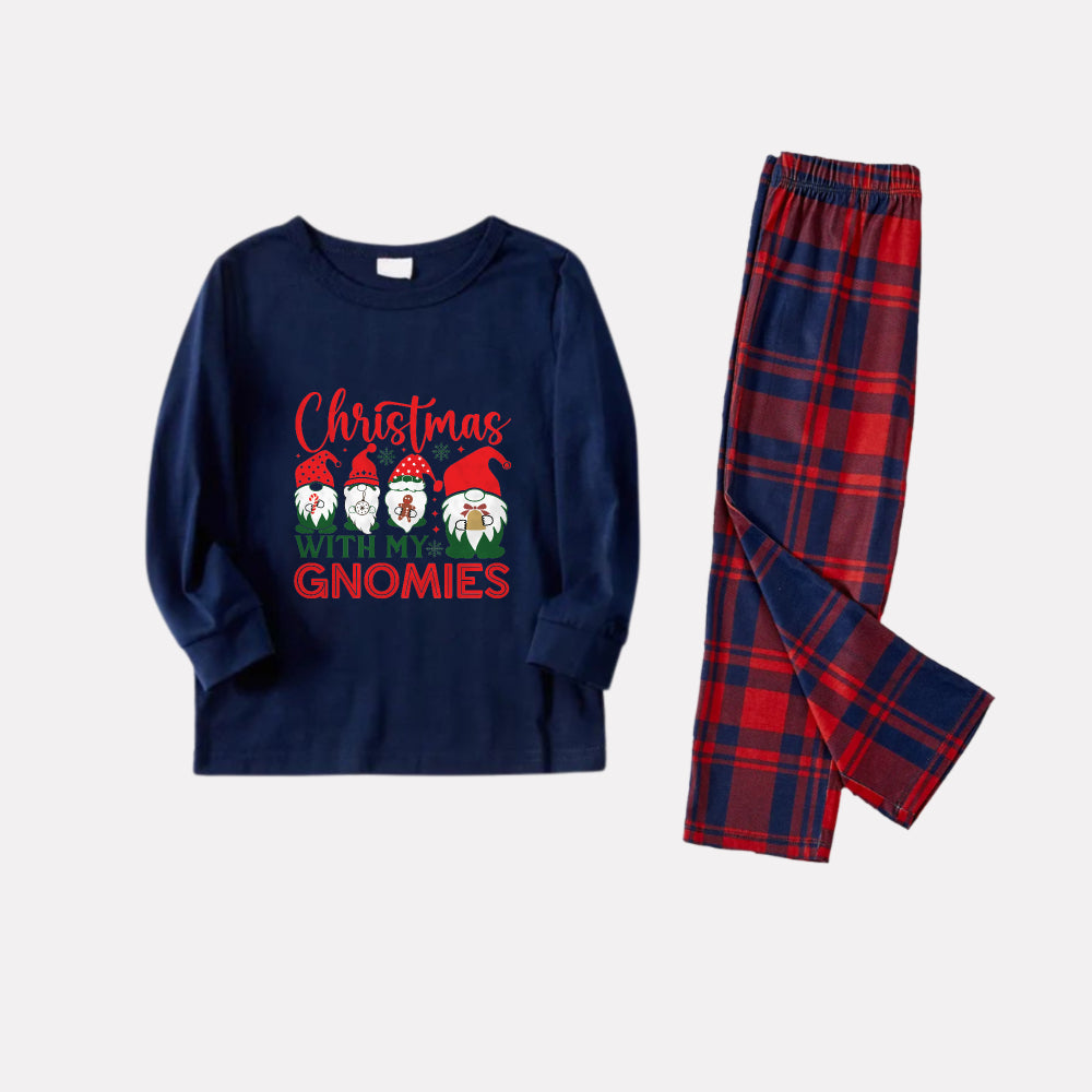Christmas Family Matching Pajamas-Navy & Red Plaid Pjs Set with "Christmas With My Gnomies" Print