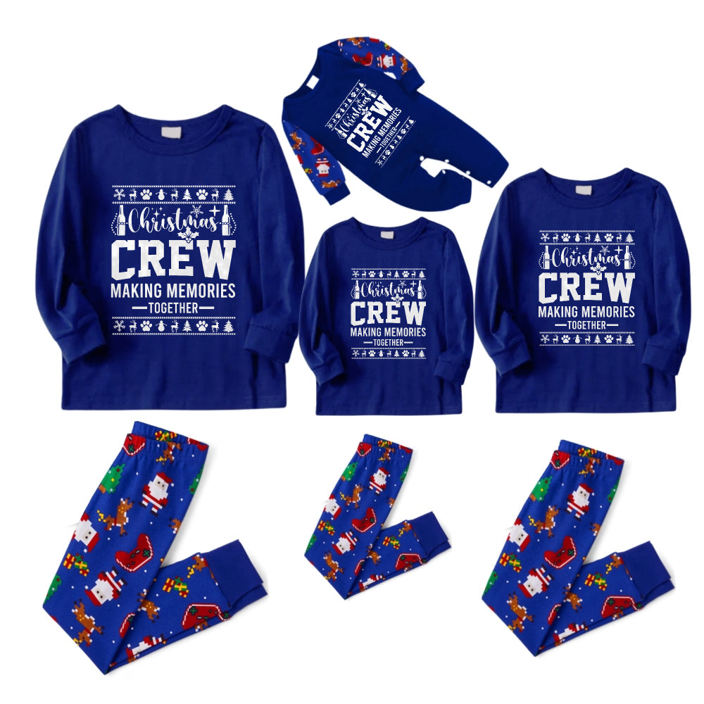 Christmas Family Matching Pajamas-Cozy Blue Pjs Set with "Christmas Crew Making Memories Together"  and Christmas Pattern Print