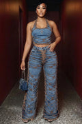 Denim Halter Cut Out Crop Top Wide Leg Pants 2pcs Set-Blue [Pre Order]