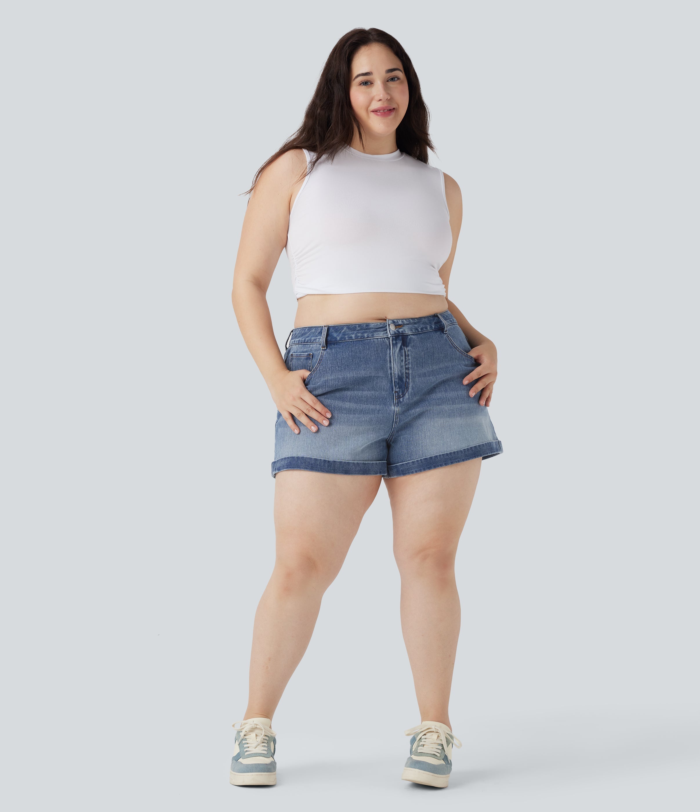 FlexTM Mid Rise Zipper Pockets Denim Casual Plus Size Shorts 3''