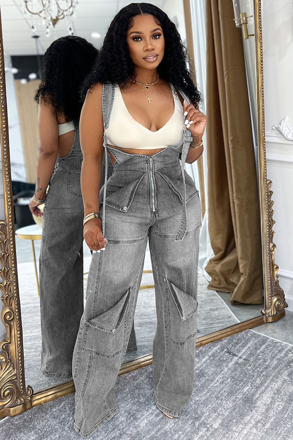 Solid Color Adjustable Strap Zipper Washed Denim Casual Overalls-Blue