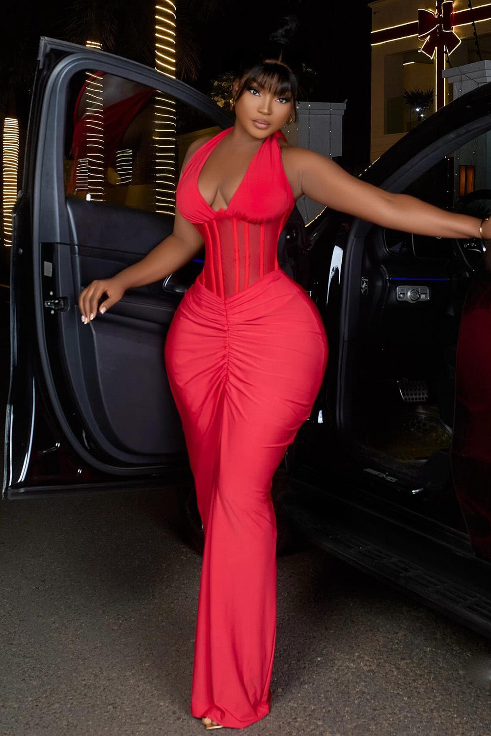 Halter Cinch Waist Ruched Fishtail Bodycon Party Maxi Dresses-Red