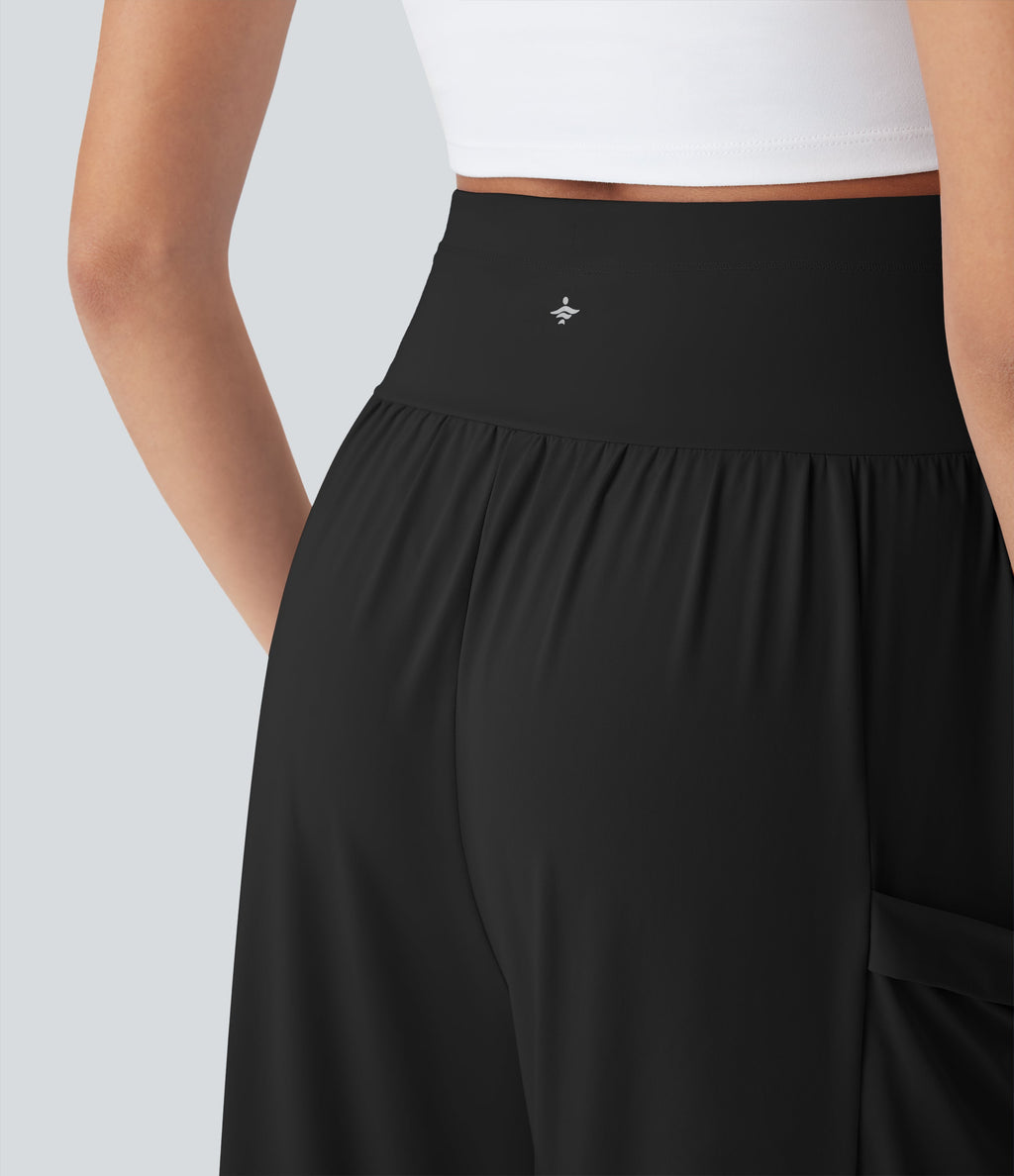 SoCinched High Waisted Tummy Control Drawstring Wide Leg Cool Touch Yoga Pants with Pockets-UPF50+