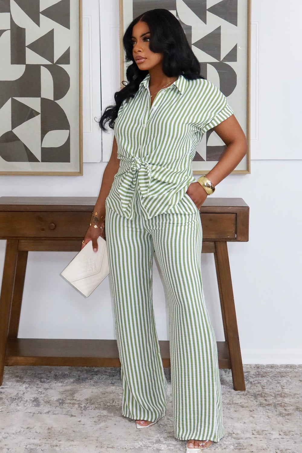 Striped Print Twisted Top Straight Leg Pants 2pcs Set-Green