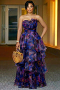 Strapless Cinch Waist Layered Ruffles Party Maxi Dresses-Purple