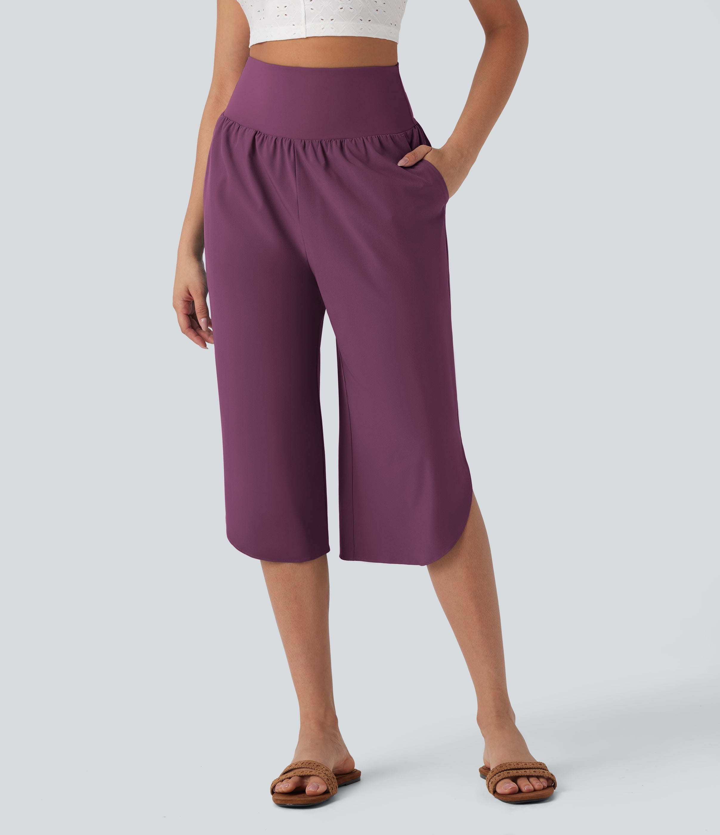 BreezefulTM SoCinched High Waisted Tummy Control Hem Quick Dry Capri Pants with Pockets
