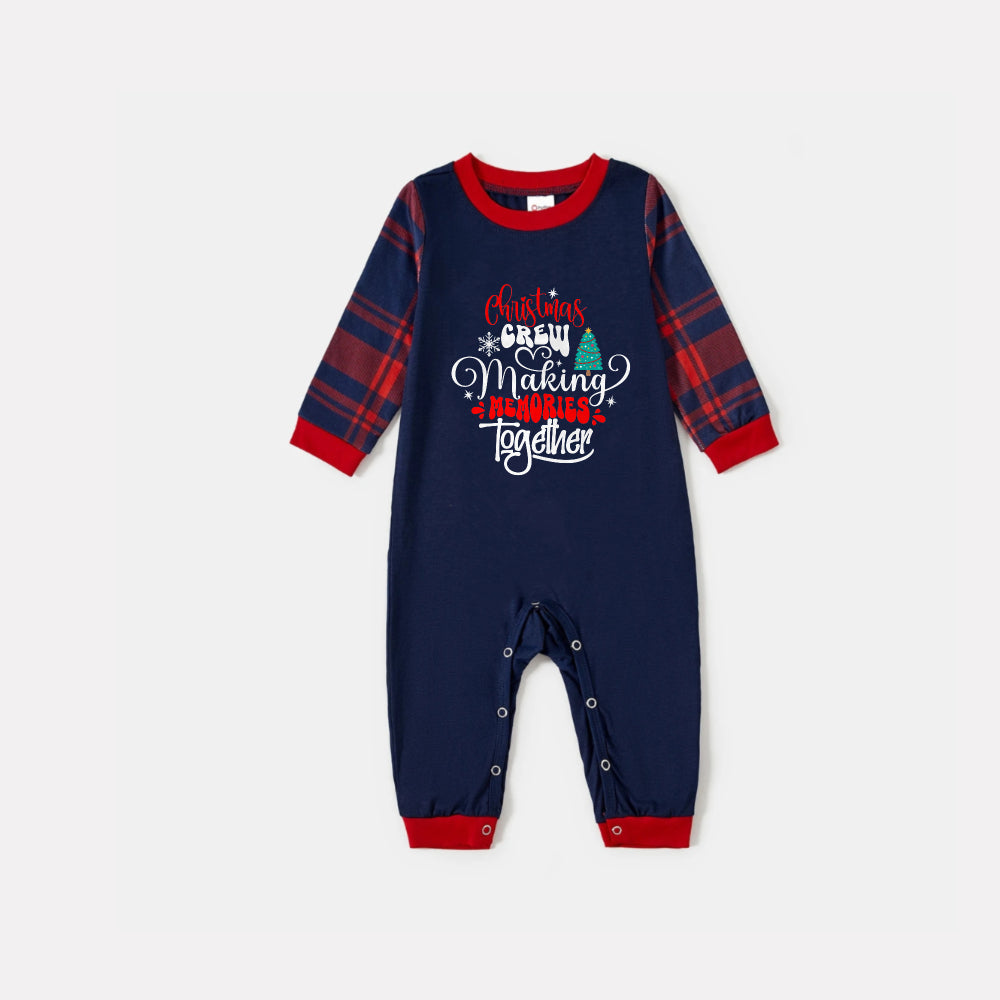 Christmas Family Matching Pajamas-Navy & Red Plaid Pjs Set with "Christmas Crew Making Memories Together" Slogan Print