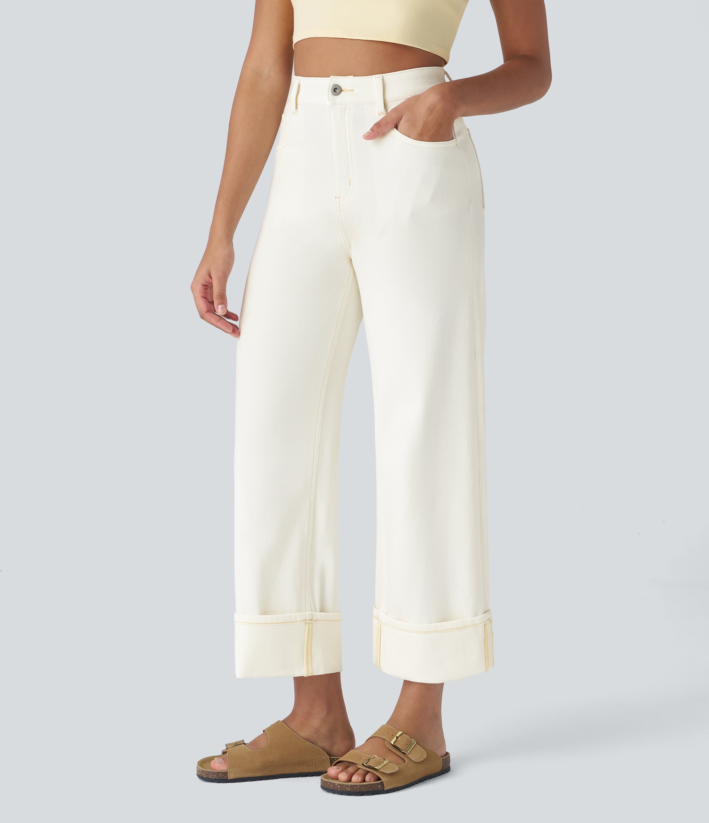 FlexTM High Waisted Multiple Pockets Rolled Hem Wide Leg Washed Stretchy Knit Casual Jeans