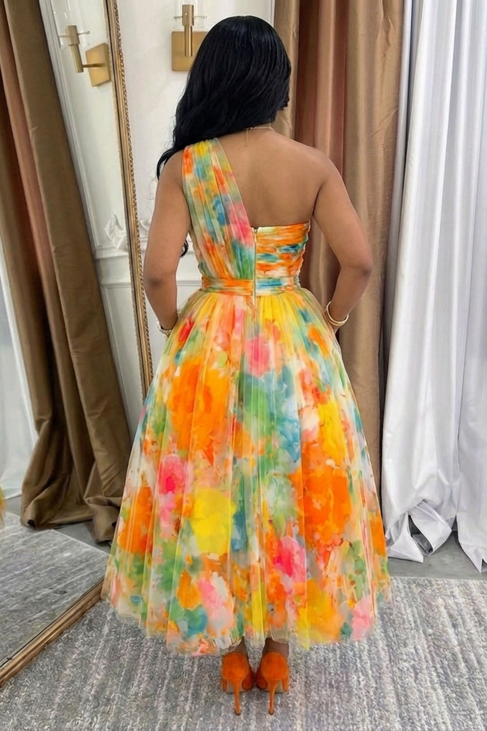 One Shoulder Floral Print Mesh Vacation Maxi Dresses-Multicolor