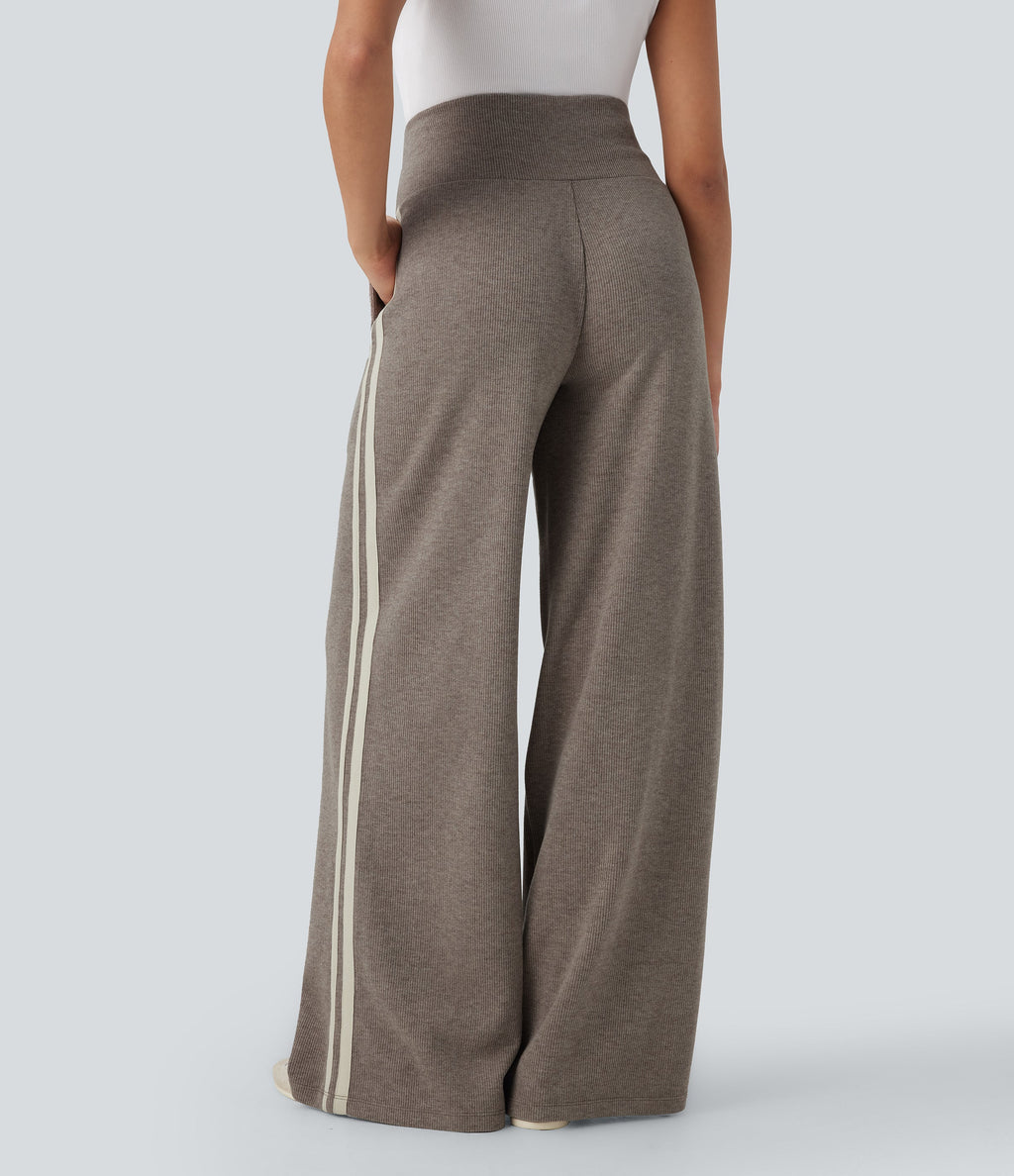 2026🔥 Ribbed SoCinched High Waisted Tummy Control Drawstring Wide Leg Color Block Casual Trousers with Pockets