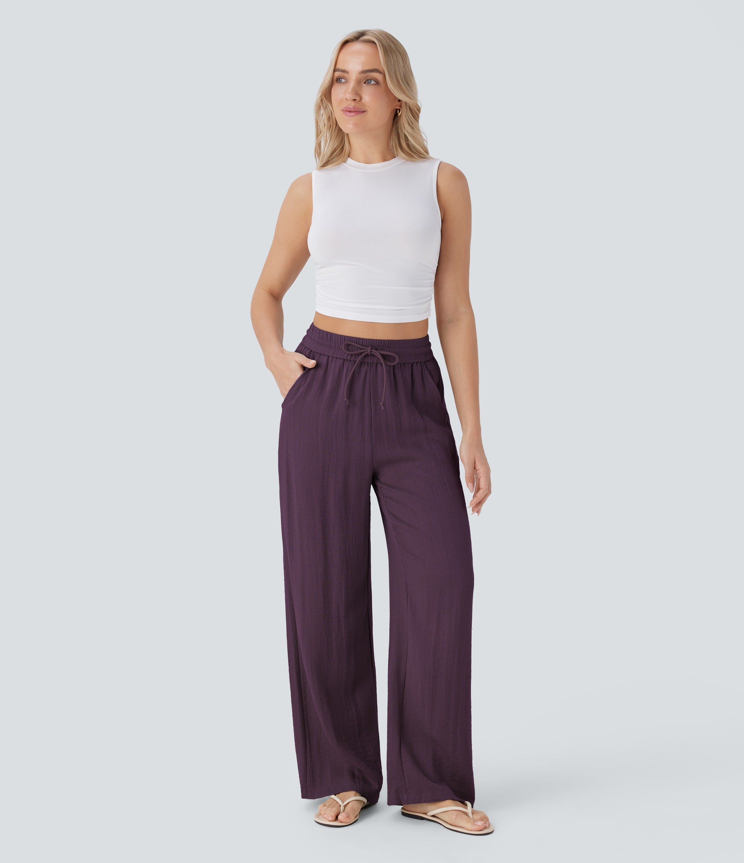 Women Summer High Waisted Drawstring Pocket Wide Leg Casual Linen-Feel Pants