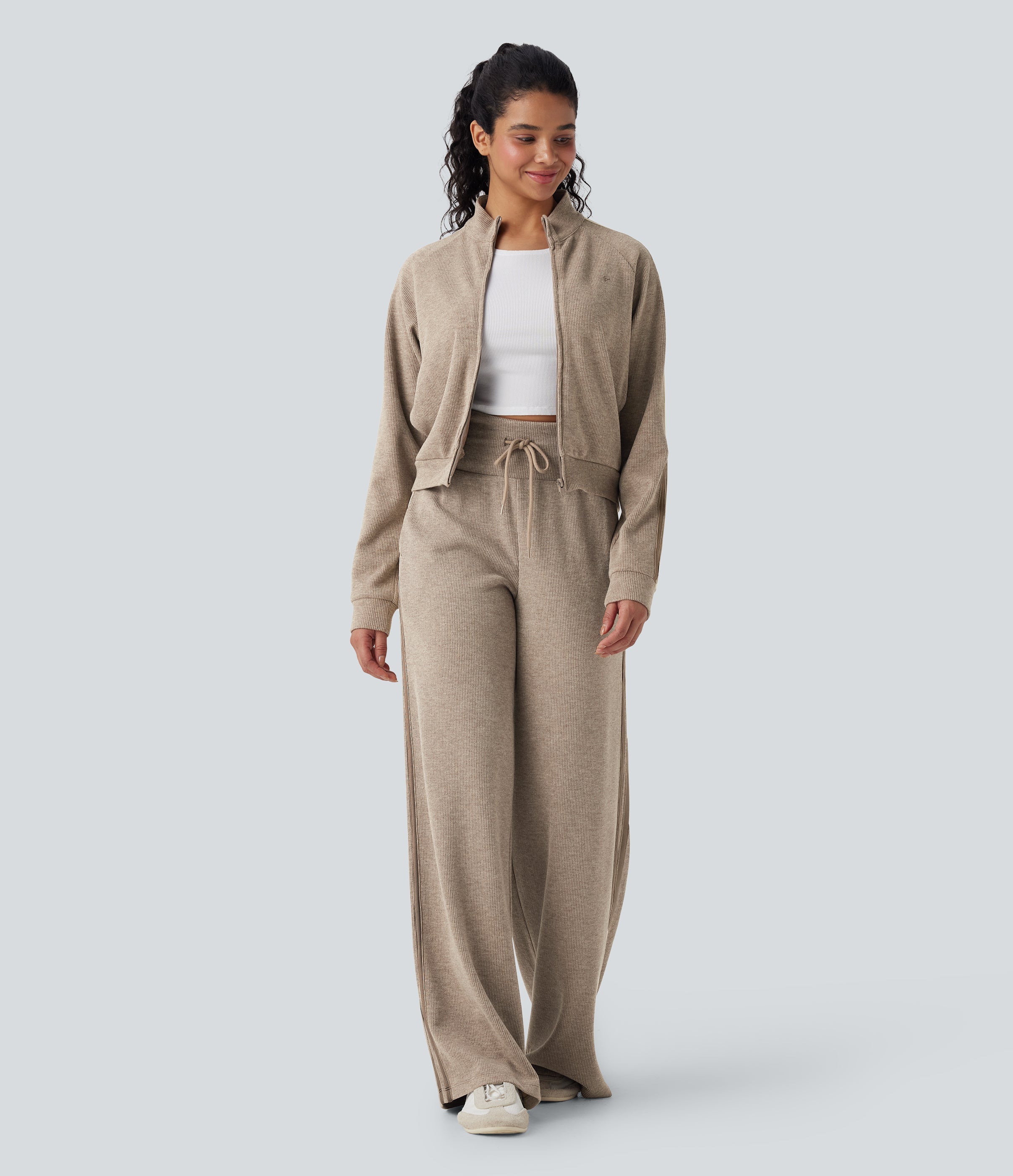 2026🔥 Ribbed SoCinched High Waisted Tummy Control Drawstring Wide Leg Color Block Casual Trousers with Pockets