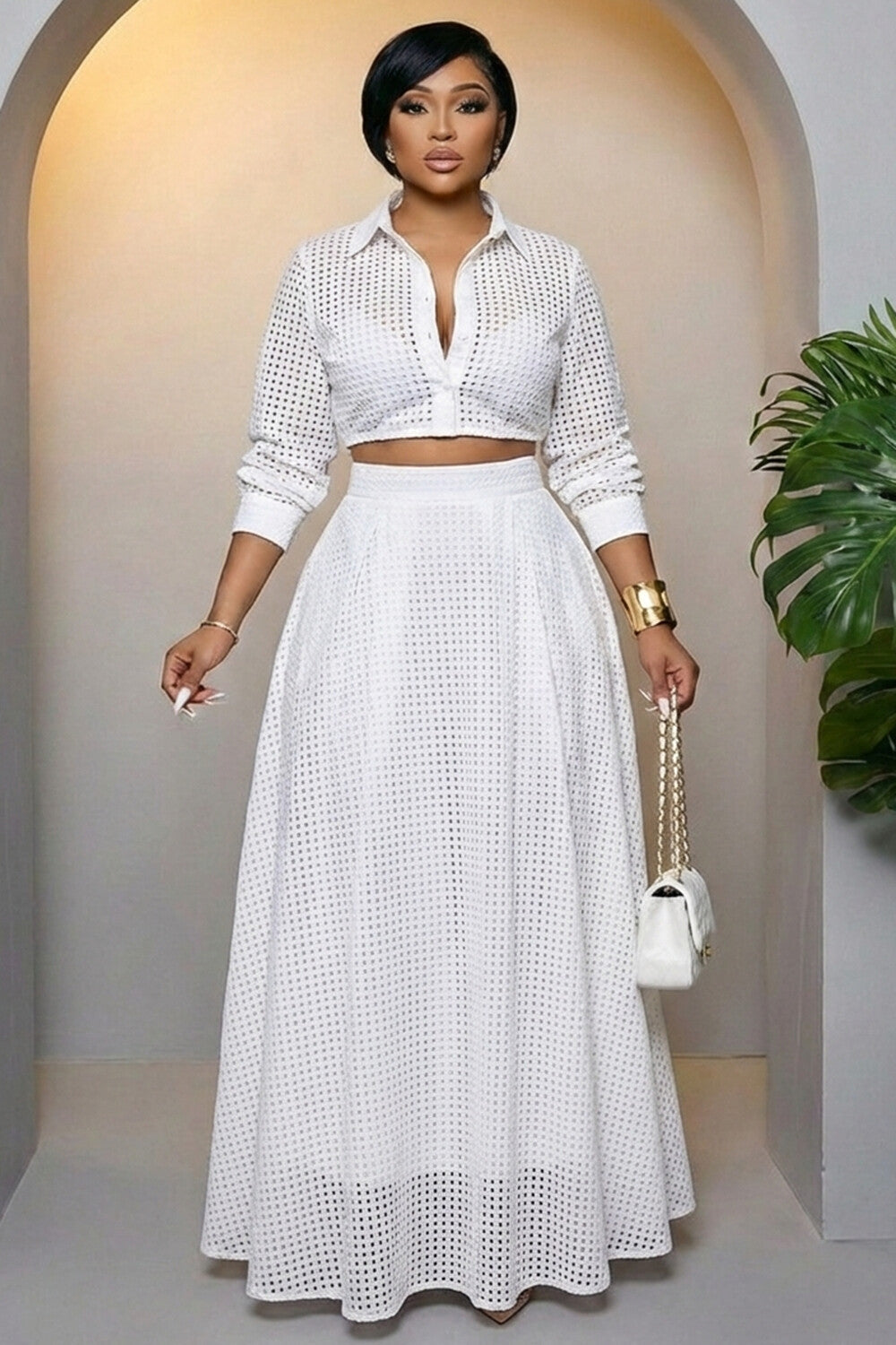 Long Sleeve Crop Top High Waist Maxi Skirt Casual 2pcs Set-White