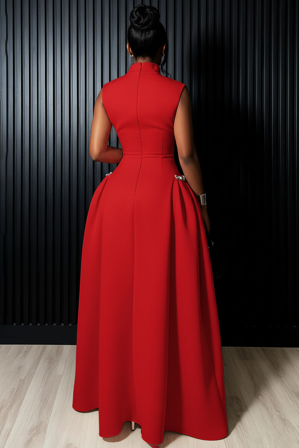 Mock Neck Sleeveless Cinched Seam Detail Party Maxi Dresses-Red