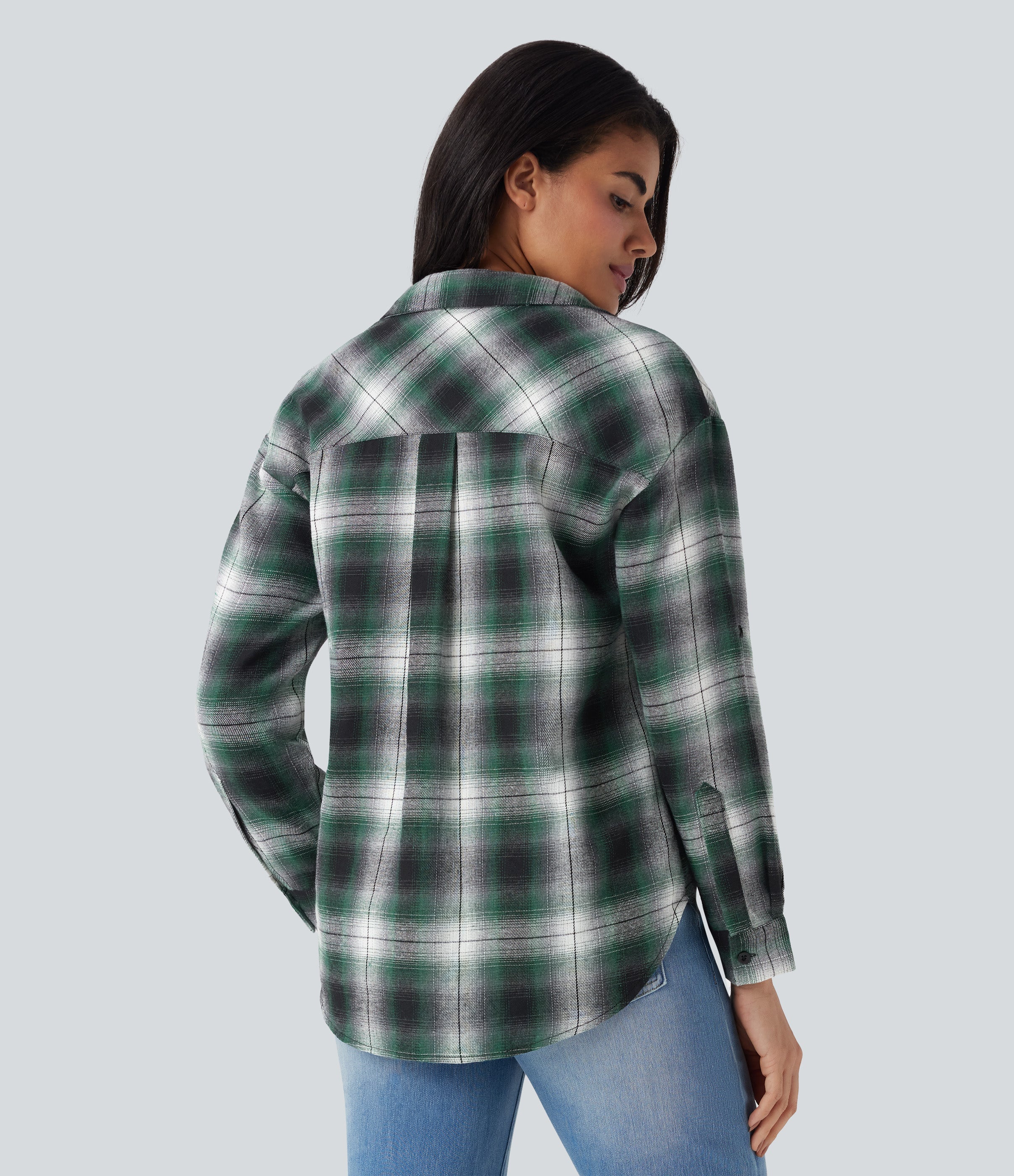 V Neck Curved Hem Plaid Casual Blouse