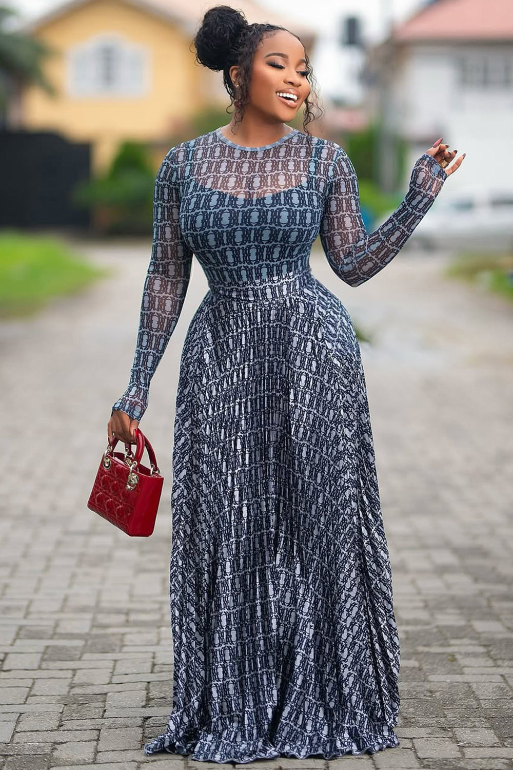 Round Neck All Over Print Long Sleeve Top Maxi Skirt 2pcs Set-Blue