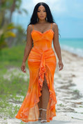 Spaghetti Strap Ruched Ruffle Slit Vacation Maxi Dresses-Orange