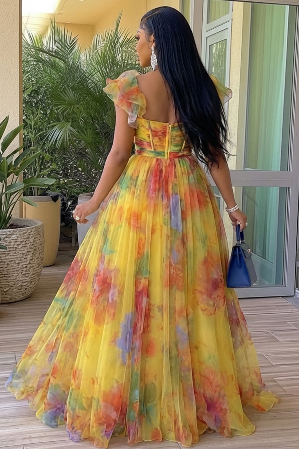 U Neck Sleeveless Ruffle Floral Vacation Maxi Dresses-Yellow