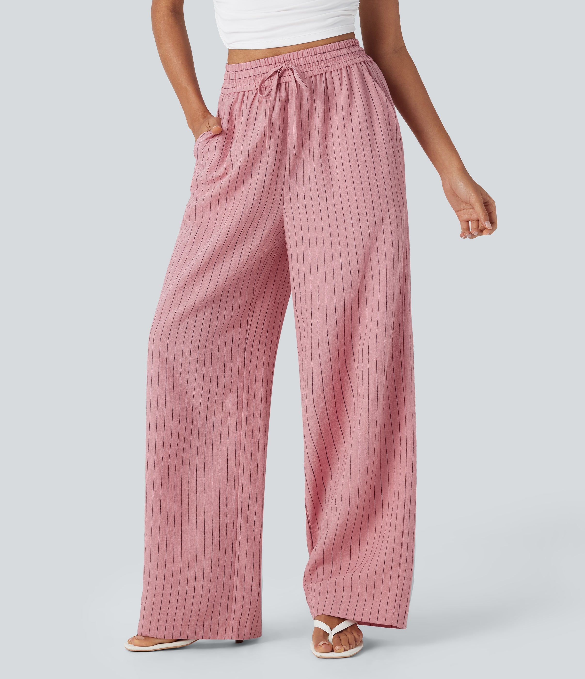 High Waisted Drawstring Wide Leg Stripe Casual Linen-Feel Pants with Pockets